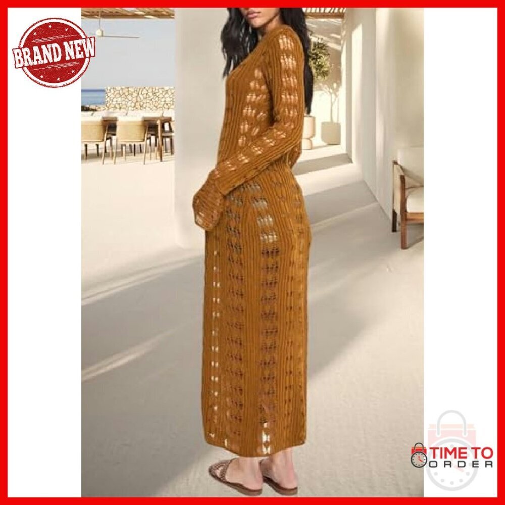 Long Crochet Cardigan Maxi Dress Button Down Boho Cover Up Sweater - Picture 4 of 8